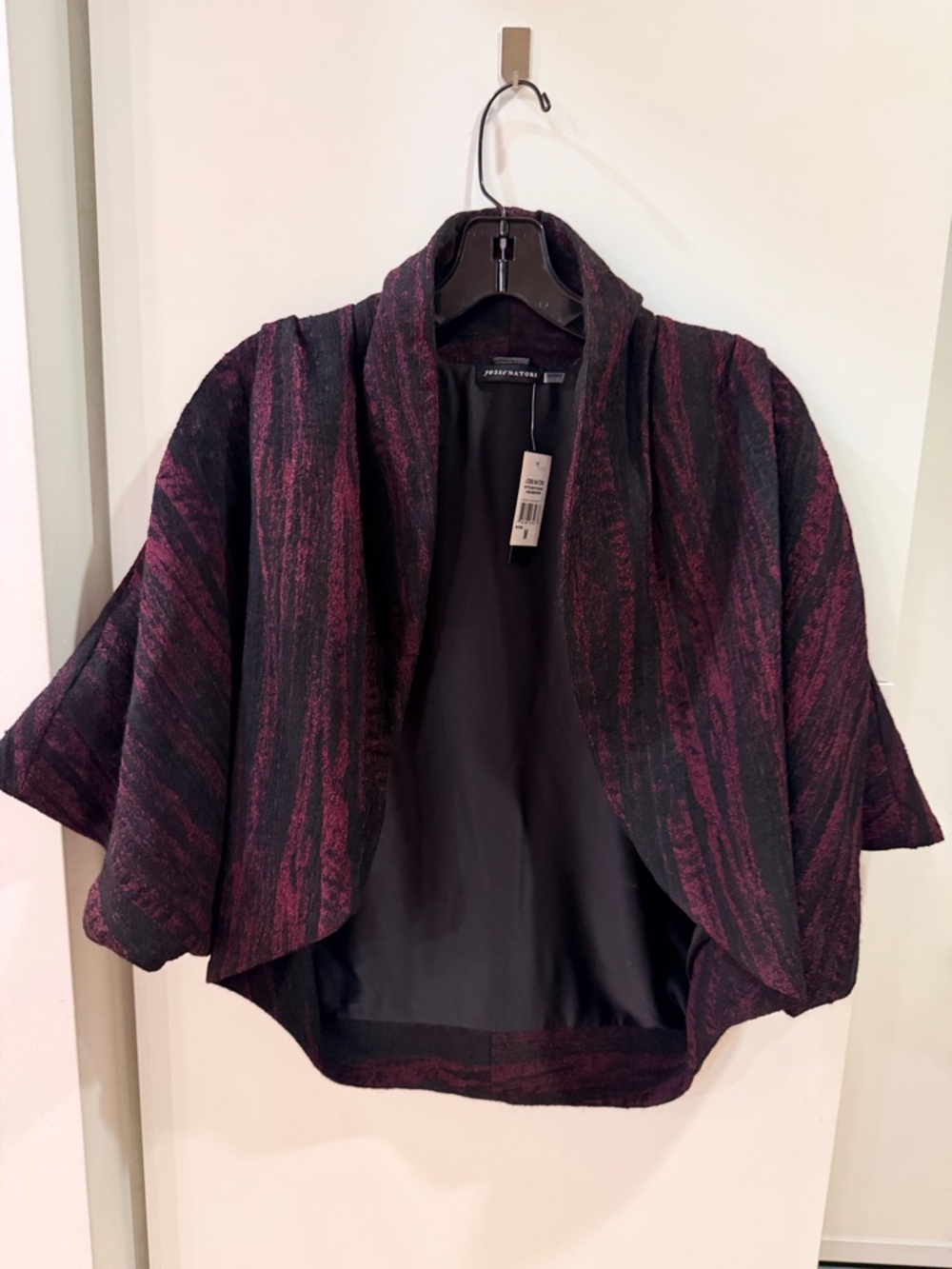 Josie Natori Textured Bolero Jacket Size Medium – Burgundy & Black, Draped, NWT